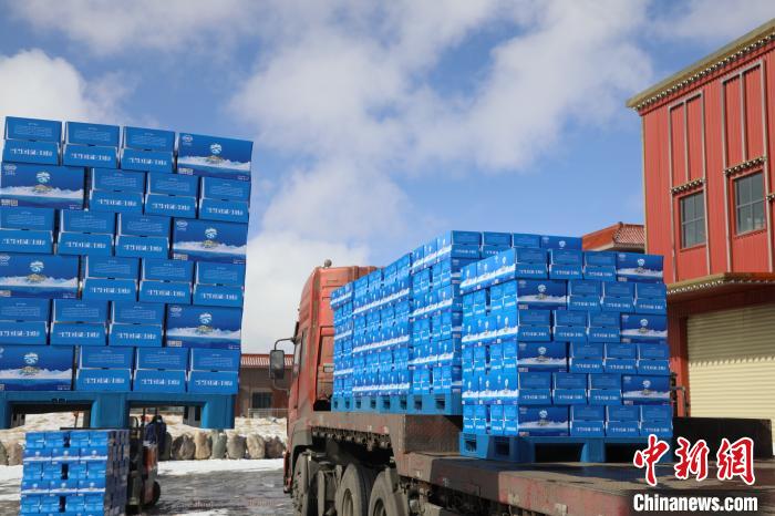 圖為當雄的冰川礦泉水裝車，即將發(fā)往湖北?！‘斝劭h 供圖 攝