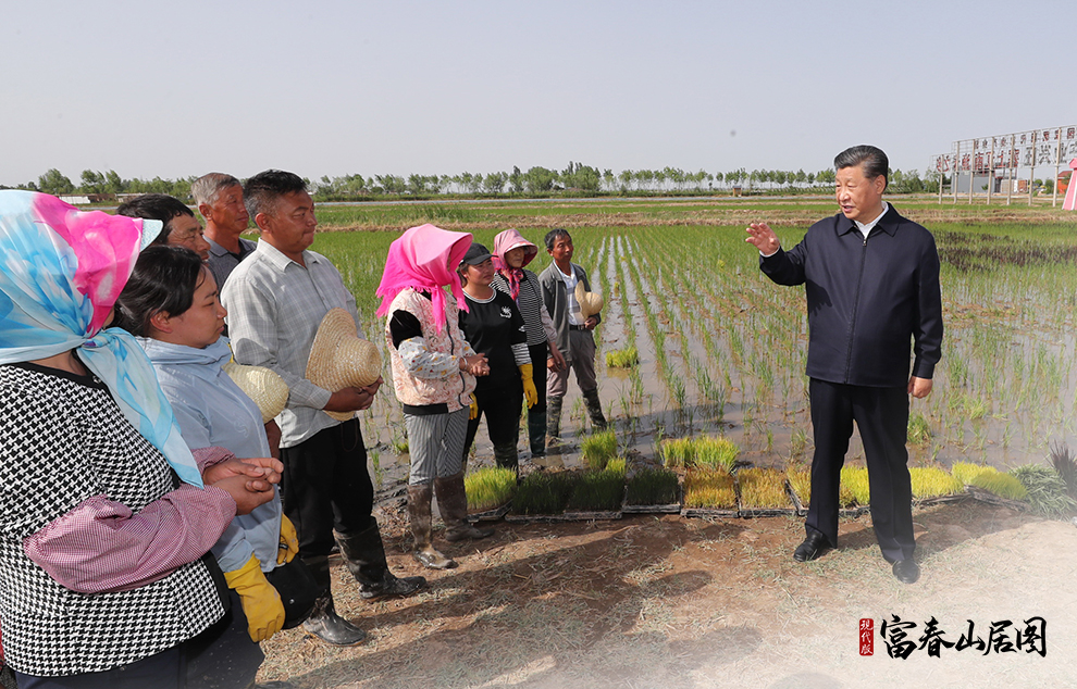 2020年6月9日，習(xí)近平在寧夏回族自治區(qū)銀川市賀蘭縣稻漁空間鄉(xiāng)村生態(tài)觀光園，同正在勞作的村民親切交談。