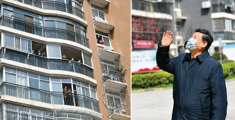 2020年3月10日，習(xí)近平專門赴湖北省武漢市考察新冠肺炎疫情防控工作。這是習(xí)近平在東湖新城社區(qū)考察時(shí)，向在家隔離居住的居民揮手致意、表示慰問（拼版照片）