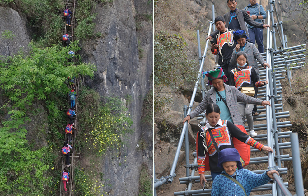 “懸崖村”今昔對(duì)比：左圖為2016年5月14日，孩子們?cè)诩议L(zhǎng)保護(hù)下攀爬木梯回家。右圖為2020年5月13日，昭覺(jué)縣支爾莫鄉(xiāng)阿土列爾村村民帶著行李通過(guò)鋼梯下山，搬遷至易地扶貧集中安置點(diǎn)的新家。